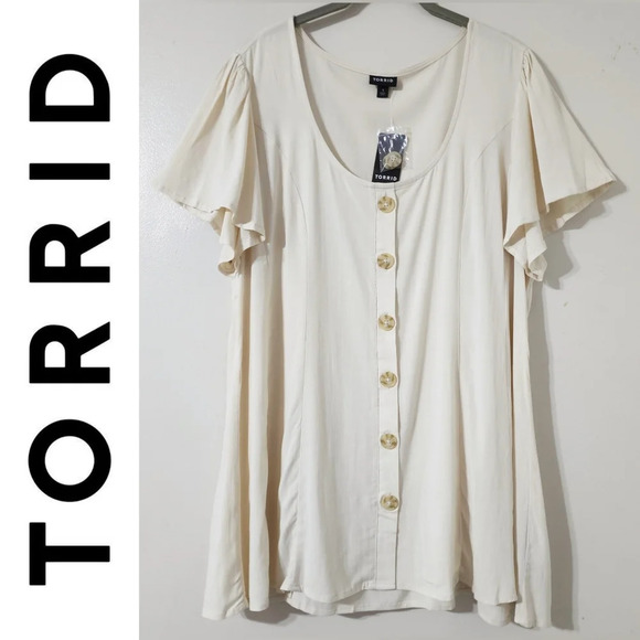 TORRID Nwt Fit & Flare Rayon Slub Faux Button-Front Blouse, Flutter Sleeve, 1X - Picture 1 of 16